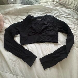 Garage Black Ribbed Long Sleeve Crop Top Plunge V Neck - Going Out Top